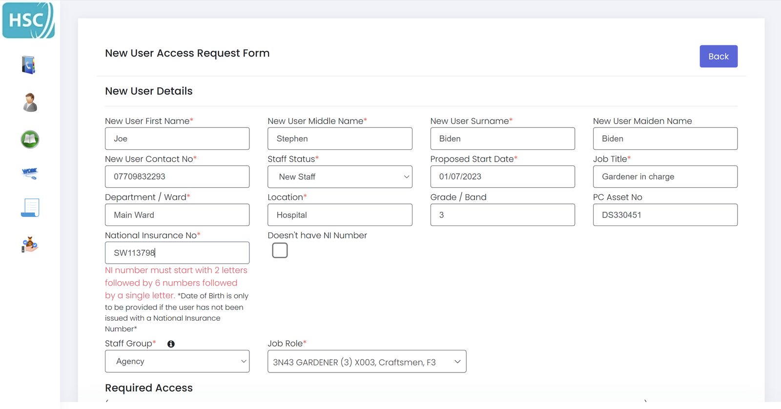 New user setup form